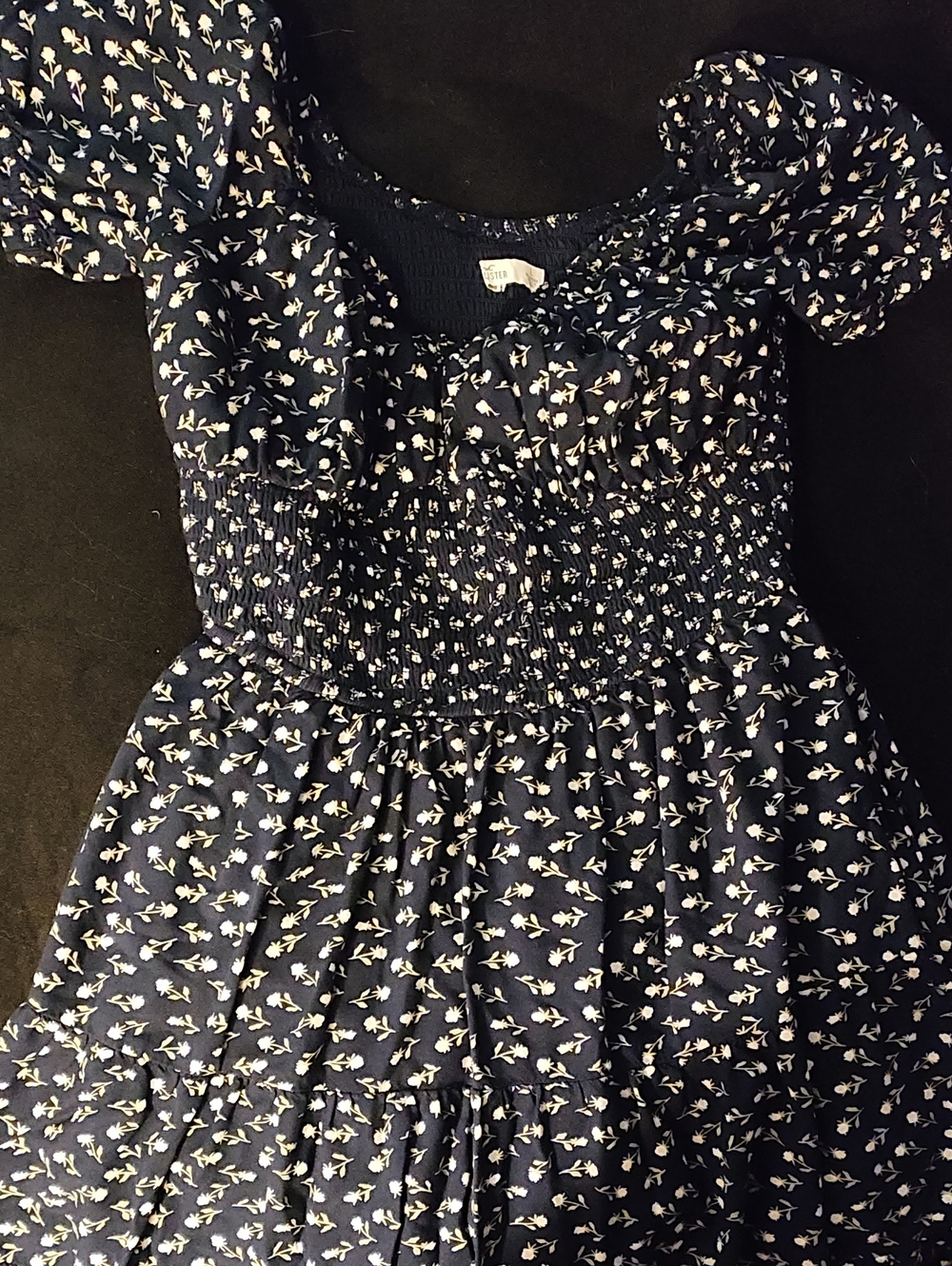Hollister Navy Dress with White Floral Print and Smocked Bodice